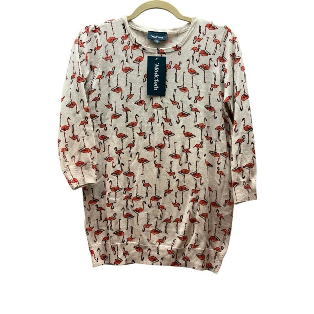 MODCLOTH Woman’s Size M Beige Birds Flamingos Sweater 3/4 Sleeves Pullover NWT